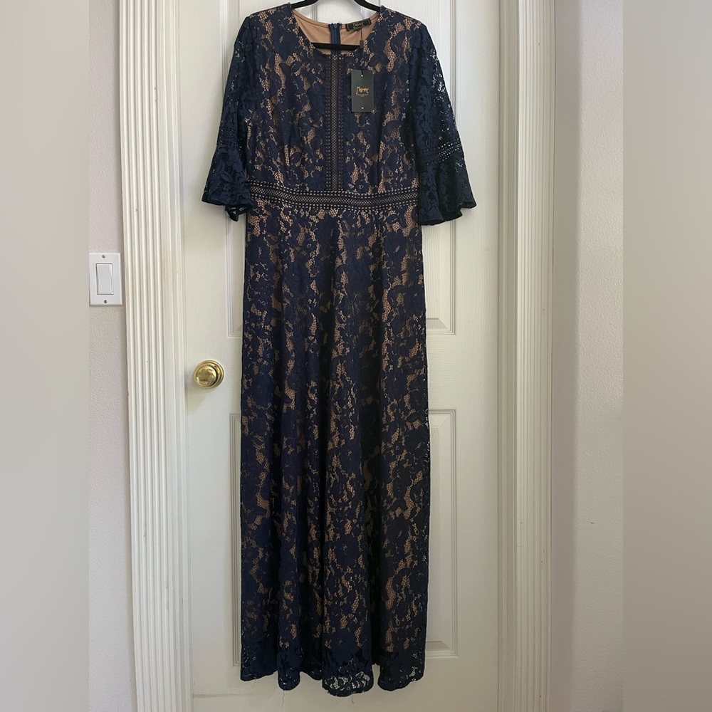Navy Lace Overlay Maxi Dress with Nude Lining and Crochet Waist